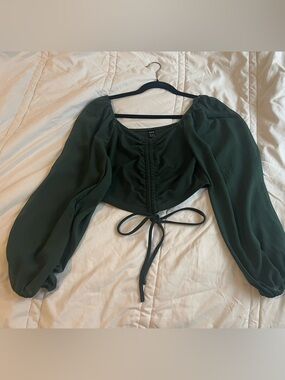 SHEIN Dark Green Puff-Sleeve Ruched Tie-Front Crop Top